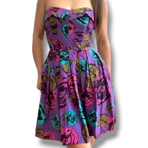Betsey Johnson Purple Mini Smocked Strapless Silk Dress Size Small